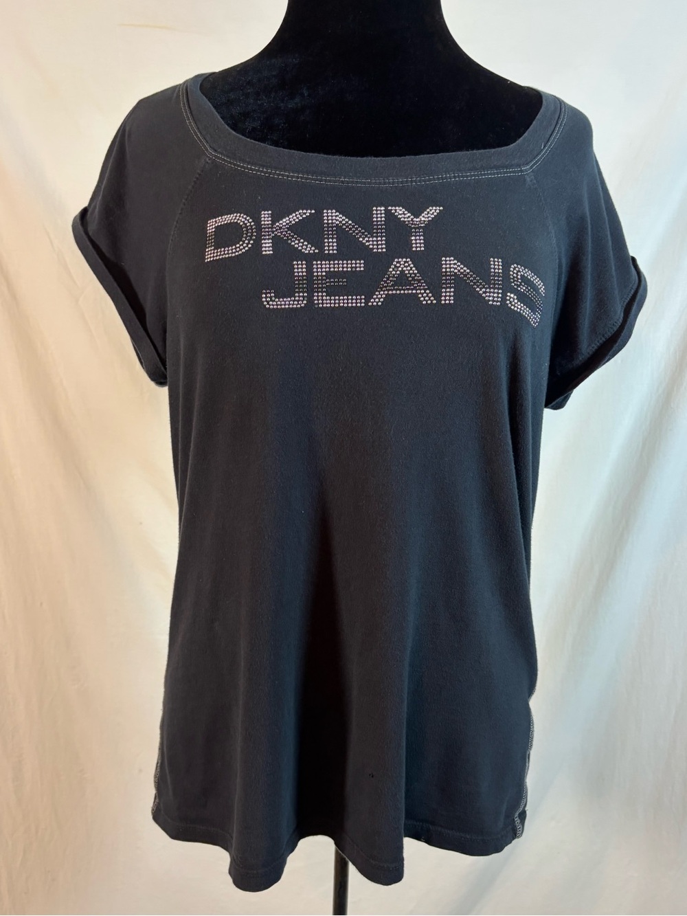 DKNY Jeans Black Rhinestone Logo Tee L Made in Canada Y2K Streetwear